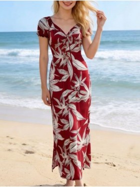 Leaf Print Short Sleeved Summer Dress